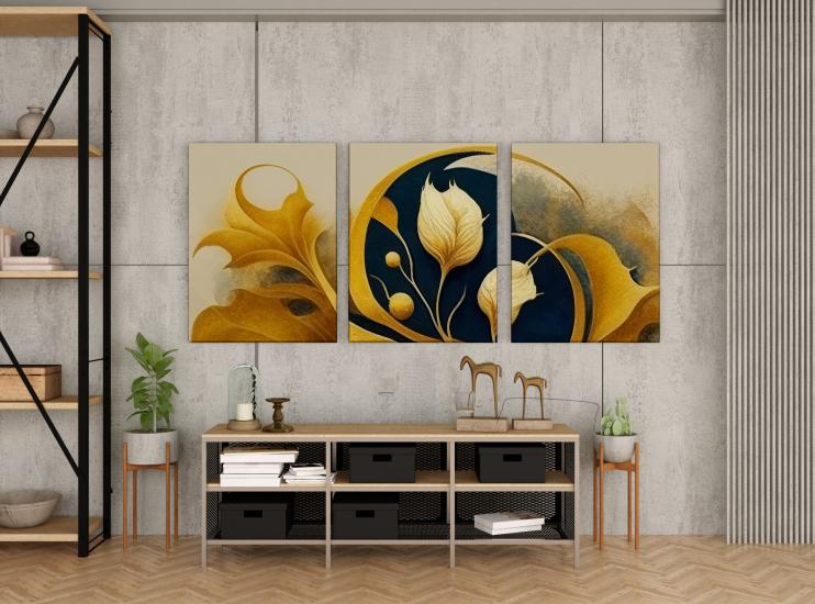 Altın Renkli Çiçek Tasarımlı Dekor Kanvas Tablo 3’lü Set
