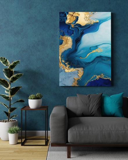 Altın Renk Detaylı Mavi Desen Tasarımlı Dekor Kanvas Tablo
