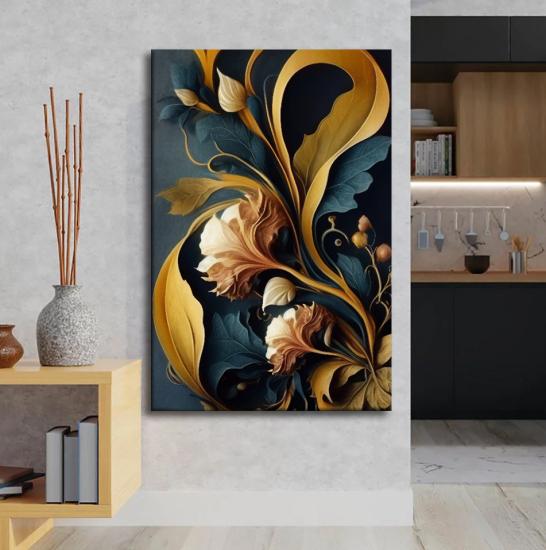 Altın Yapraklı Çiçek Tasarımlı Dekor Kanvas Tablo