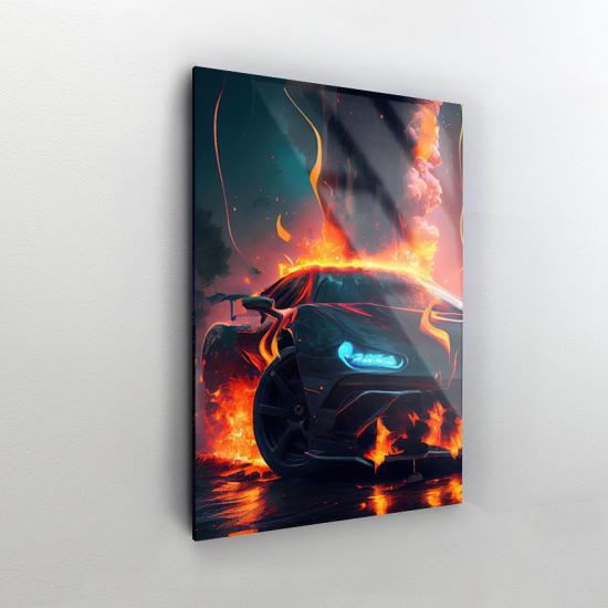 Ateş ve Araba Tasarımlı Dekor Cam Tablo