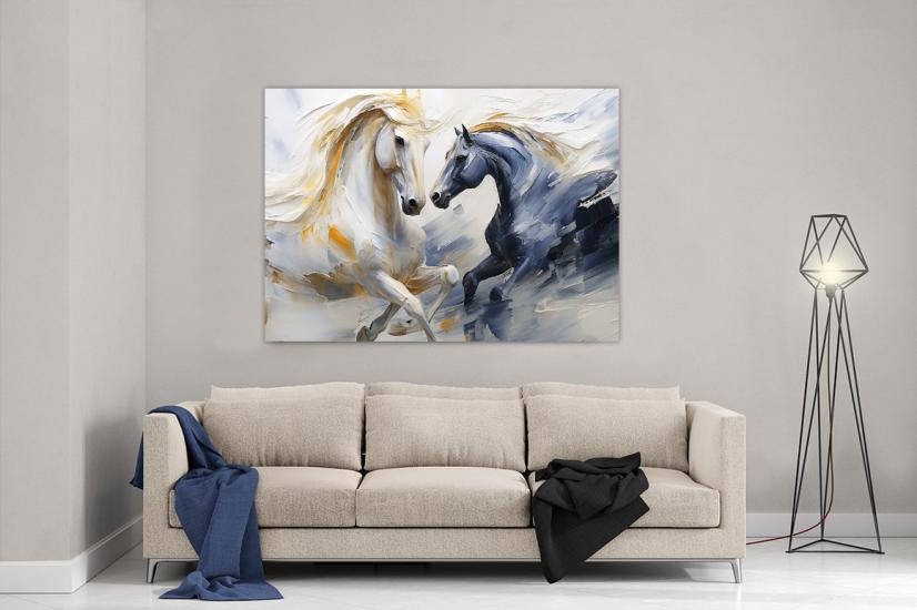 Beyaz ve Gri At Tasarımlı Dekor Kanvas Tablo