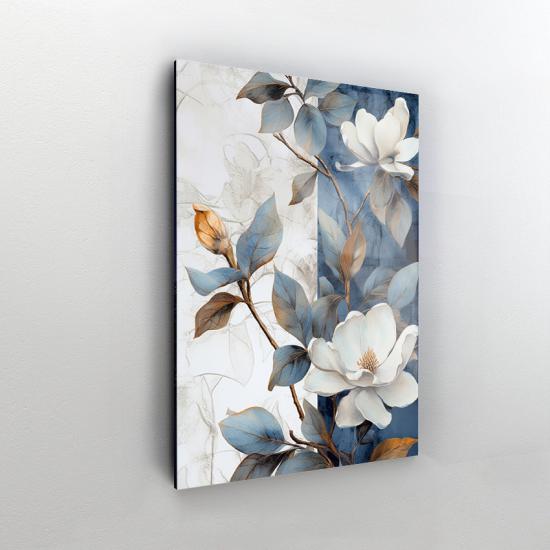 Beyaz ve Mavi Çiçek Desenli Dekor Cam Tablo