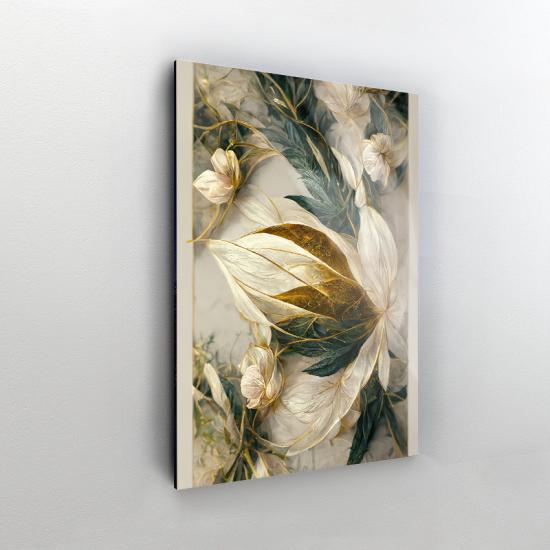 Beyaz ve Gold Çiçek tasarımlı Dekor Cam Tablo