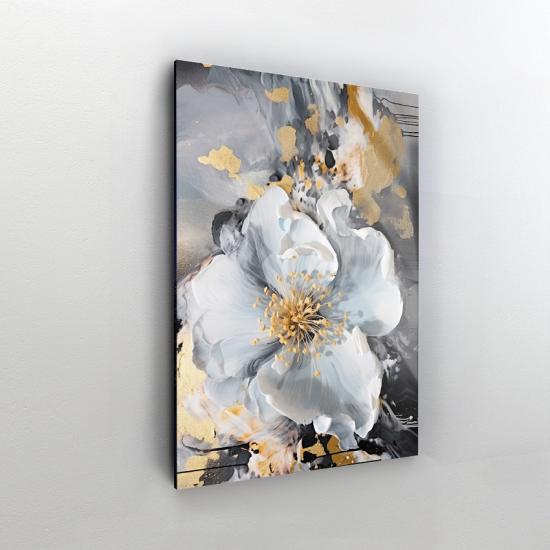 Beyaz Çiçek Desen Tasarımlı Dekor Cam Tablo