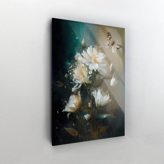 Beyaz Çiçek ve Kelebek Tasarımlı Dekor Cam Tablo