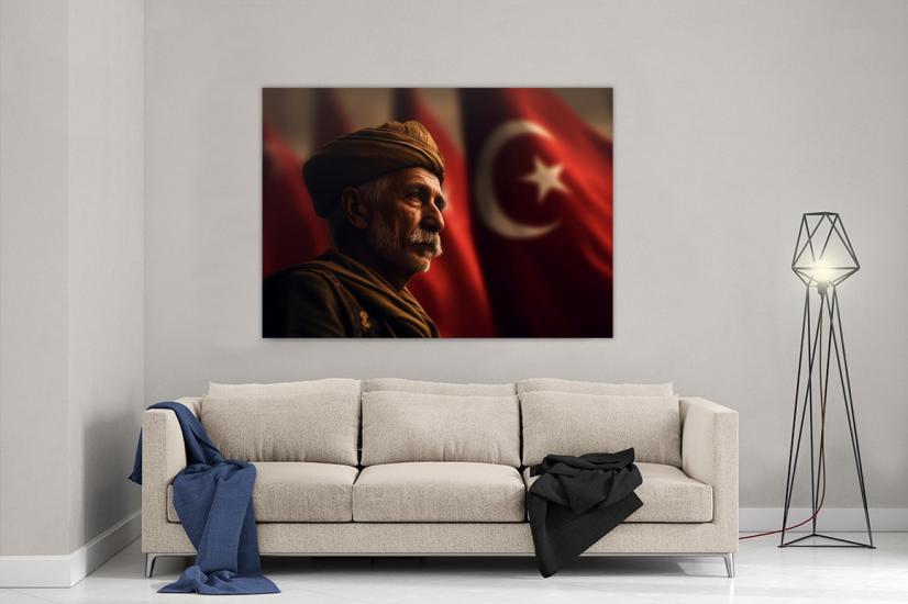 Gazi ve Türk Bayrağı Tasarımlı Dekor Kanvas Tablo