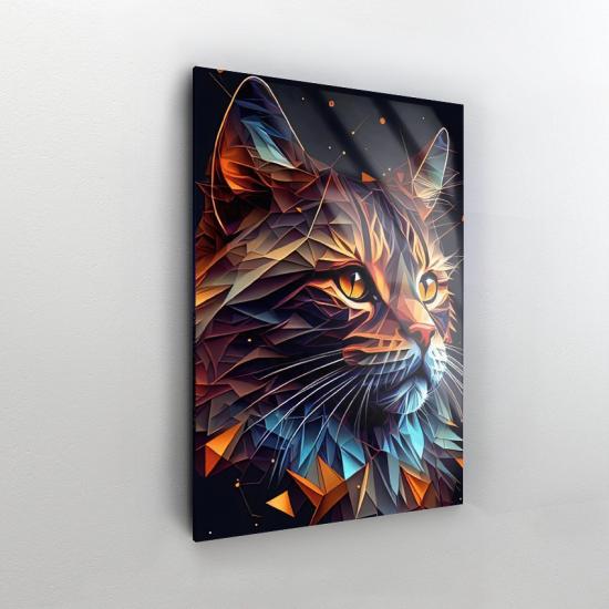Geometrik Kedi Tasarımlı Dekor Cam Tablo