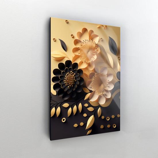 Gold ve Siyah Çiçekler Tasarımlı Dekor Cam Tablo