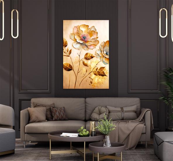 Gold Renkli Çiçekler Tasarımlı Dekor Kanvas Tablo