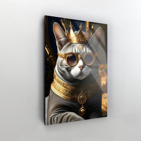 Gold ve Kedi Tasarımlı Dekor Cam Tablo