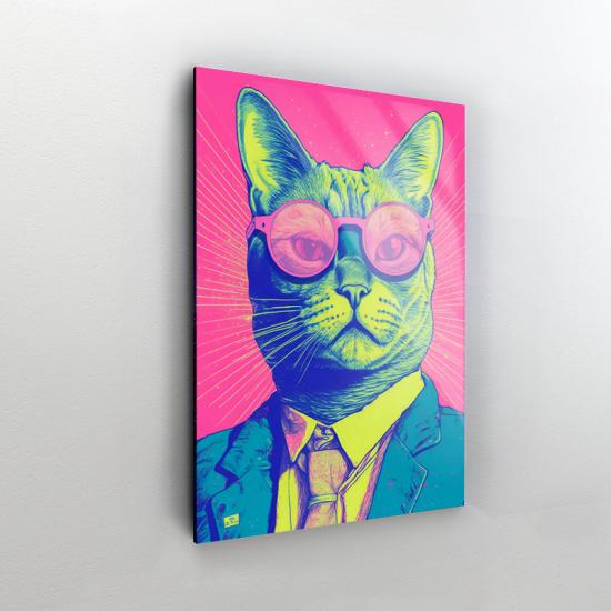 Gözlüklü Kedi Tasarımlı Dekor Cam Tablo