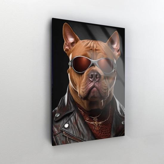Gözlüklü Metalci Köpek Tasarımlı Dekor Cam Tablo