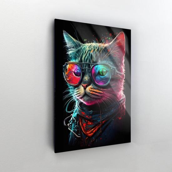 Gözlüklü Renkli Kedi Tasarımlı Dekor Cam Tablo