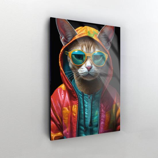 Kapuşonlu Kedi Tasarımlı Dekor Cam Tablo