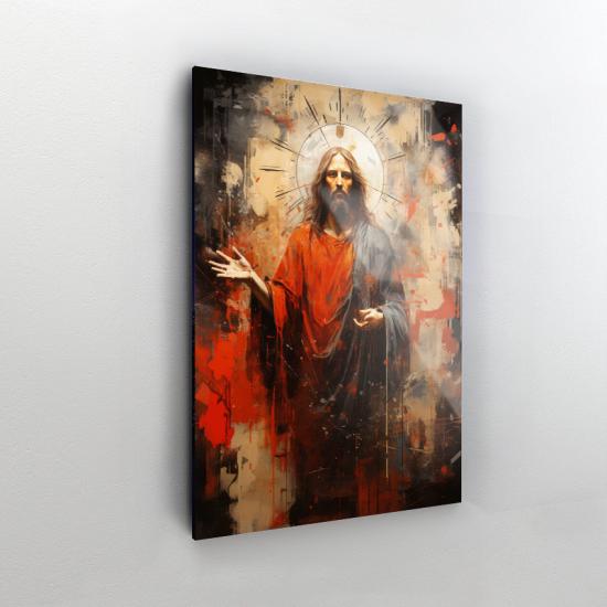 Kırmızı Desenler ve İsa Tasarımlı Dekor Cam Tablo