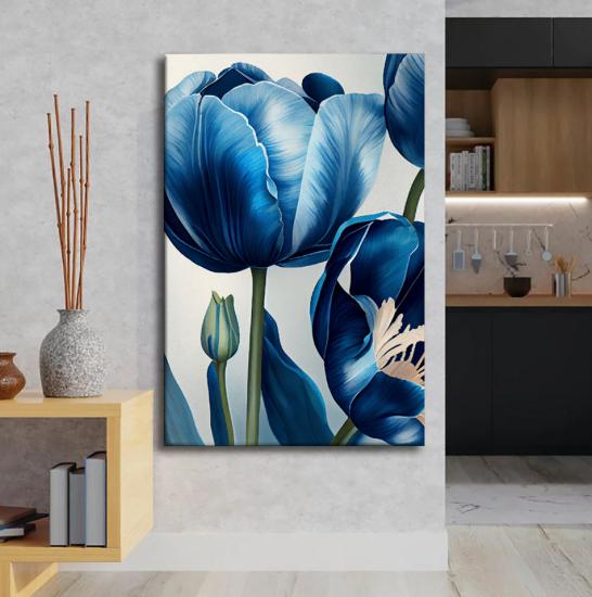 Mavi Renkli Çiçekler Tasarımlı Dekor Kanvas Tablo