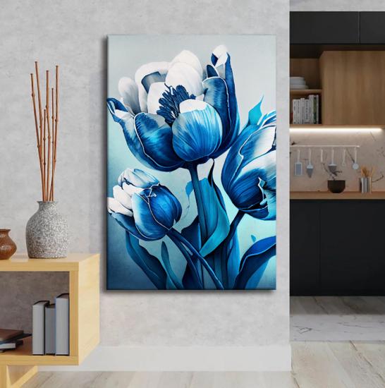 Mavi ve Beyaz Renkli Çiçekler Tasarımlı Dekor Kanvas Tablo