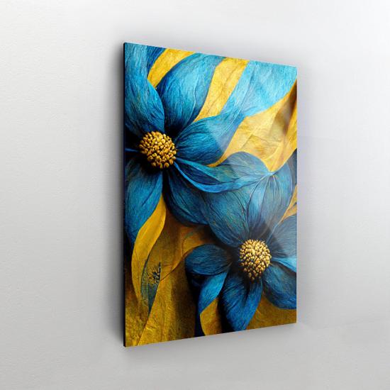 Mavi ve Sarı Çiçek Tasarımlı Dekor Cam Tablo