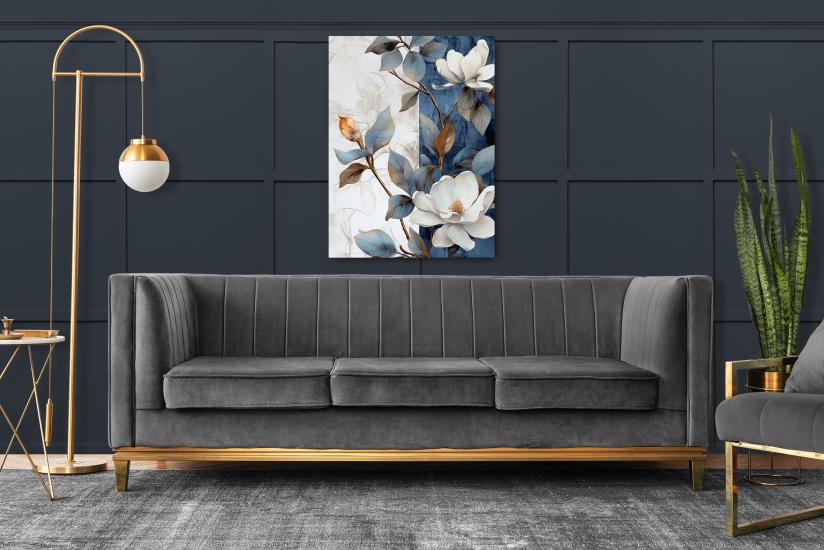Mavi Yapraklı Beyaz Çiçekler Tasarımlı Dekor Kanvas Tablo