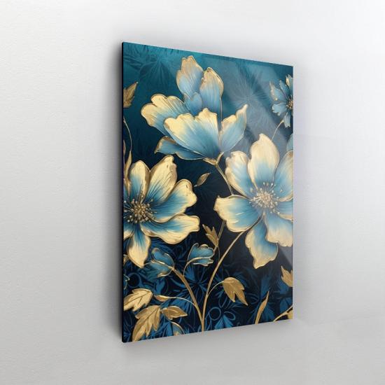 Mavi Çiçekler Tasarımlı Dekor Cam Tablo