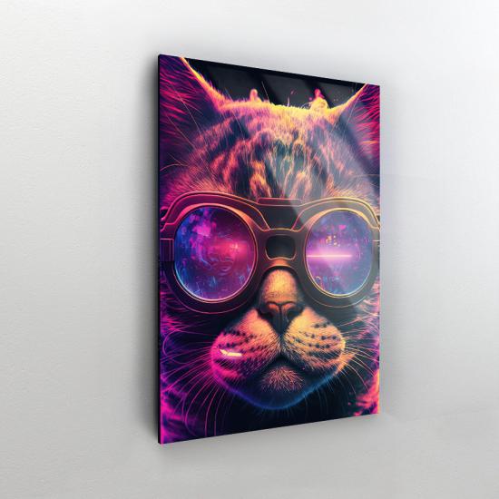 Mor Gözlüklü Kedi Tasarımlı Dekor Cam Tablo