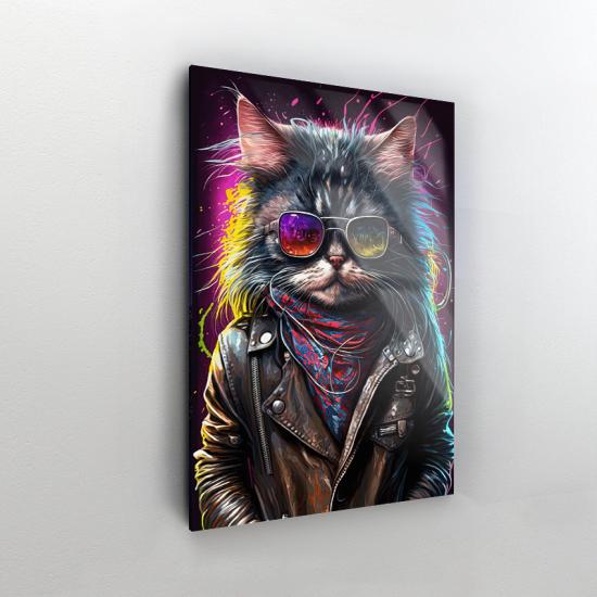 Renkli Gözlüklü Kedi Tasarımlı Dekor Cam Tablo