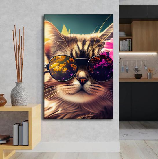Renkli Gözlüklü Kedi Tasarımlı Dekor Kanvas Tablo