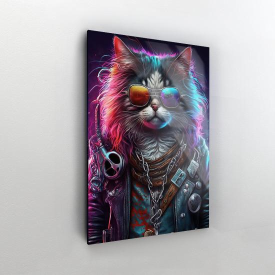 Renkli Metalci Kedi Tasarımlı Dekor Cam Tablo