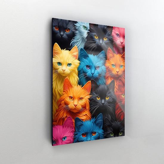 Renkli Tüylü Kediler Tasarımlı Dekor Cam Tablo