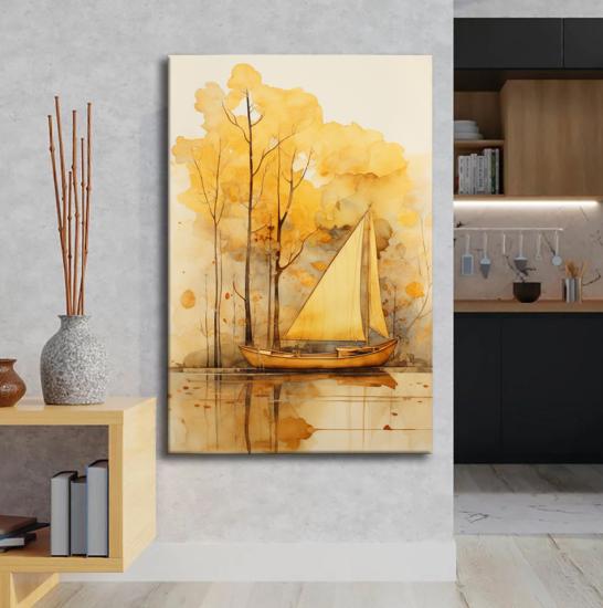 Sarı Renkli Ağaç ve Gemi Tasarımlı Dekor Kanvas Tablo