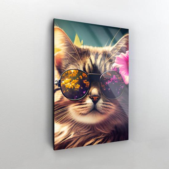 Çiçekli Gözlüklü Kedi Tasarımlı Dekor Cam Tablo