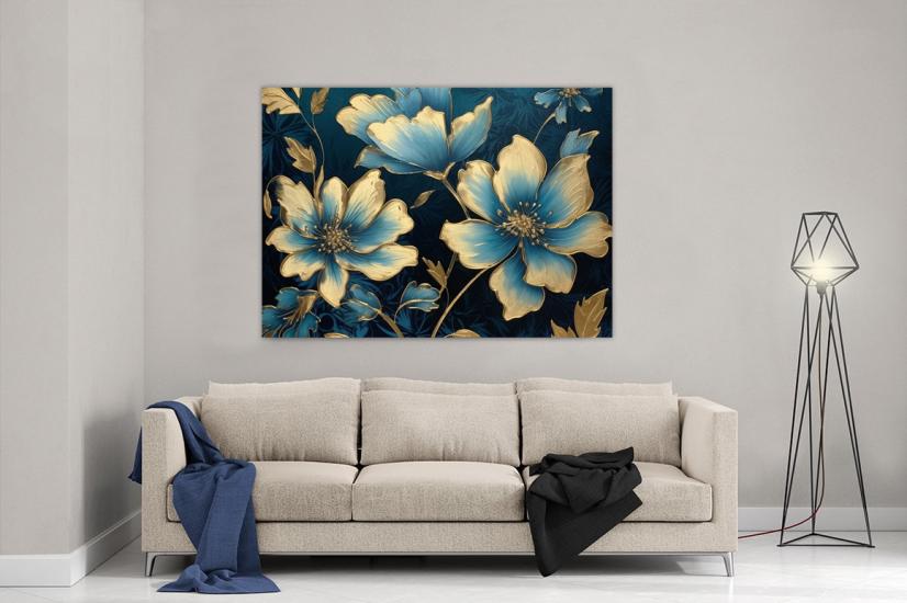 Üç Mavi Çiçek Tasarımlı Dekor Kanvas Tablo