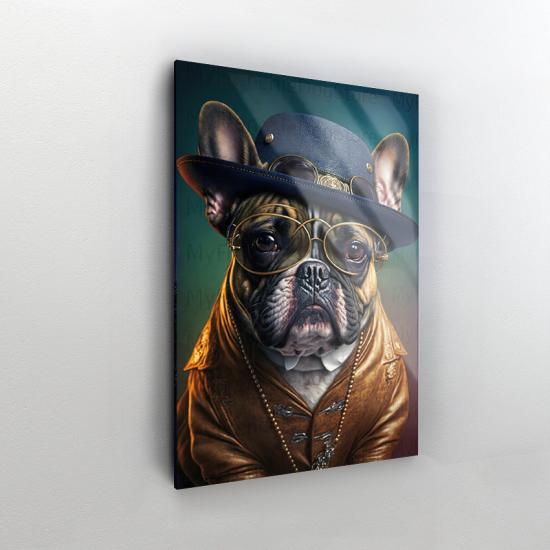 Şapkalı Bulldog Köpek Tasarımlı Dekor Cam Tablo