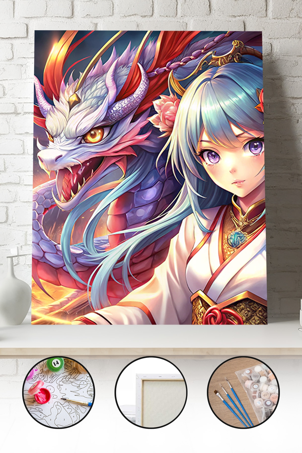 Sayılarla Boyama Seti 40x50 - 50x65 cm Anime Ejder Savaşçı Kız – Tuval Hobi Boyama Tablosu 02