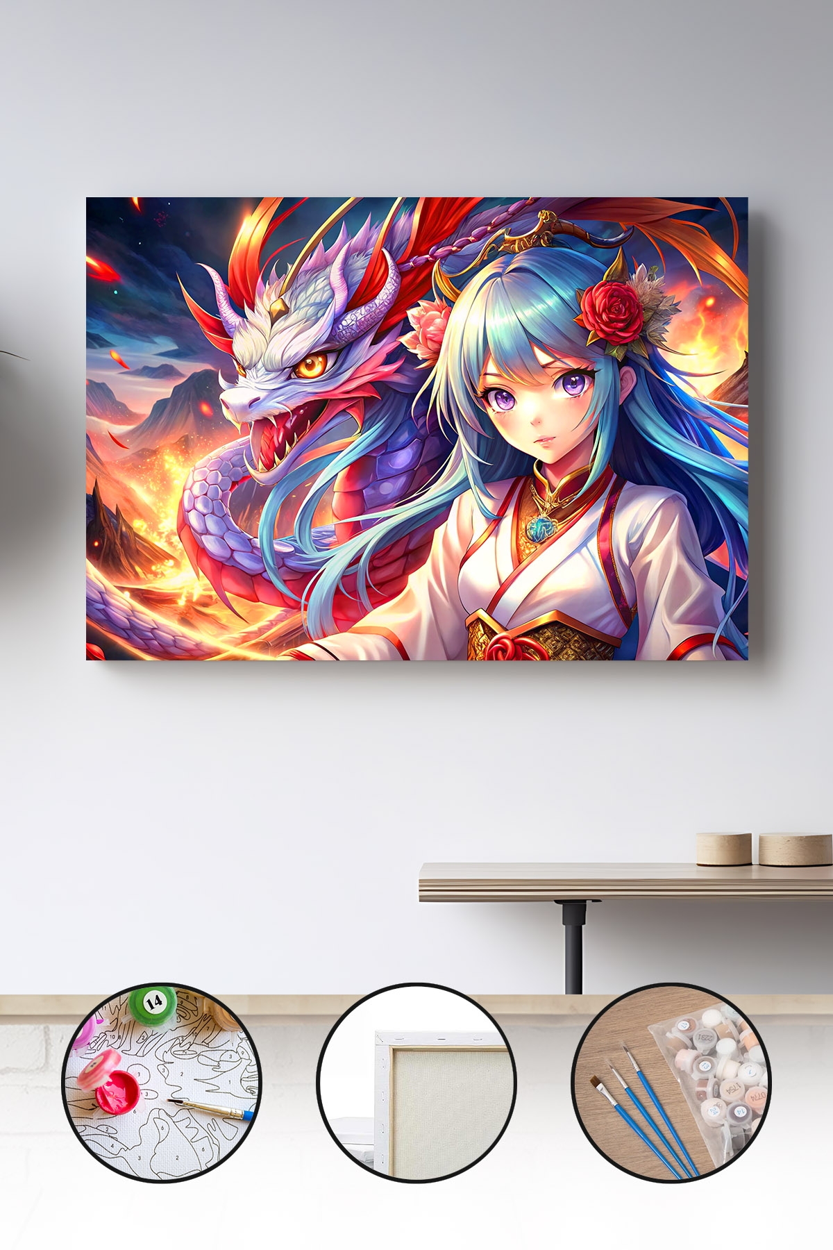 Sayılarla Boyama Seti 40x50 - 50x65 cm Anime Ejder Savaşçı Kız – Tuval Hobi Boyama Tablosu 03