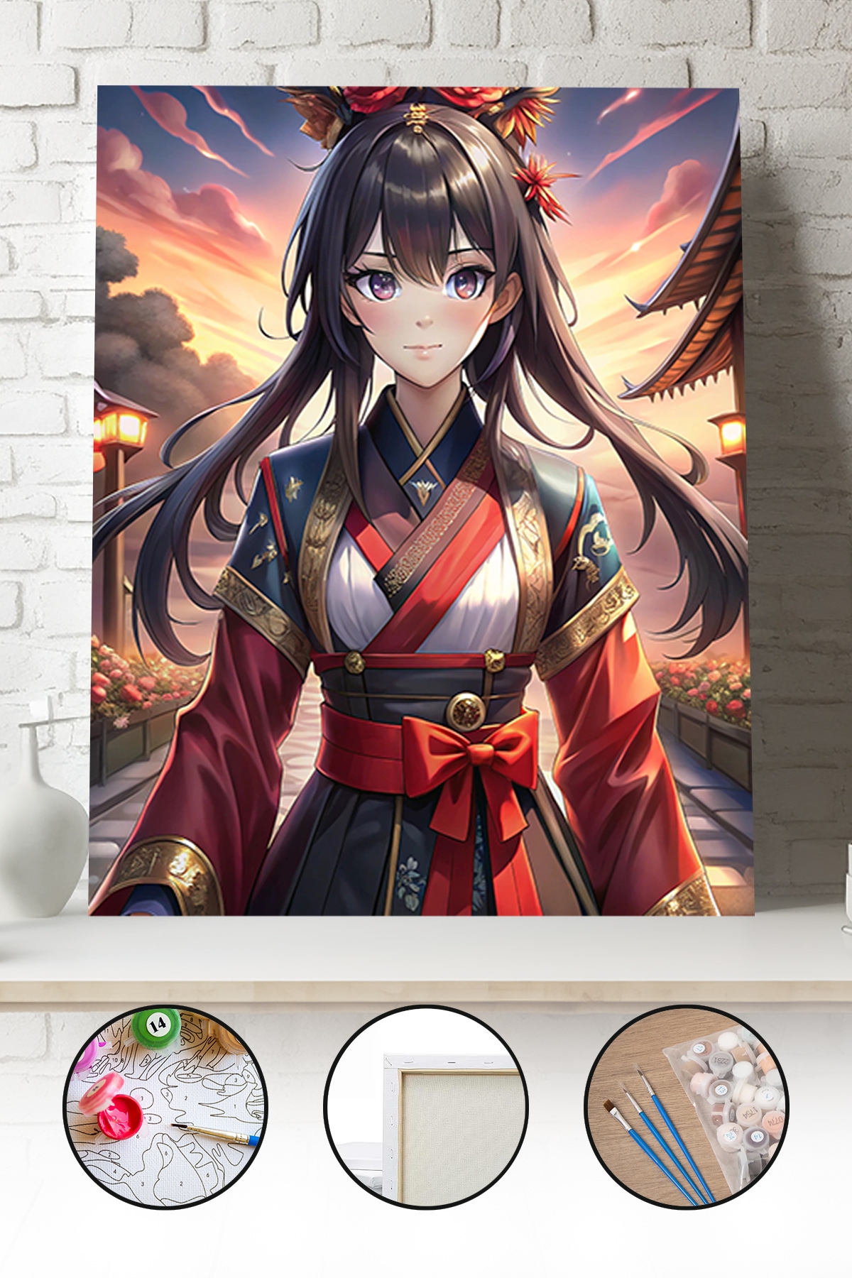 Sayılarla Boyama Seti 40x50 - 50x65 cm Anime Samuray Kedi – Tuval Hobi Boyama Tablosu