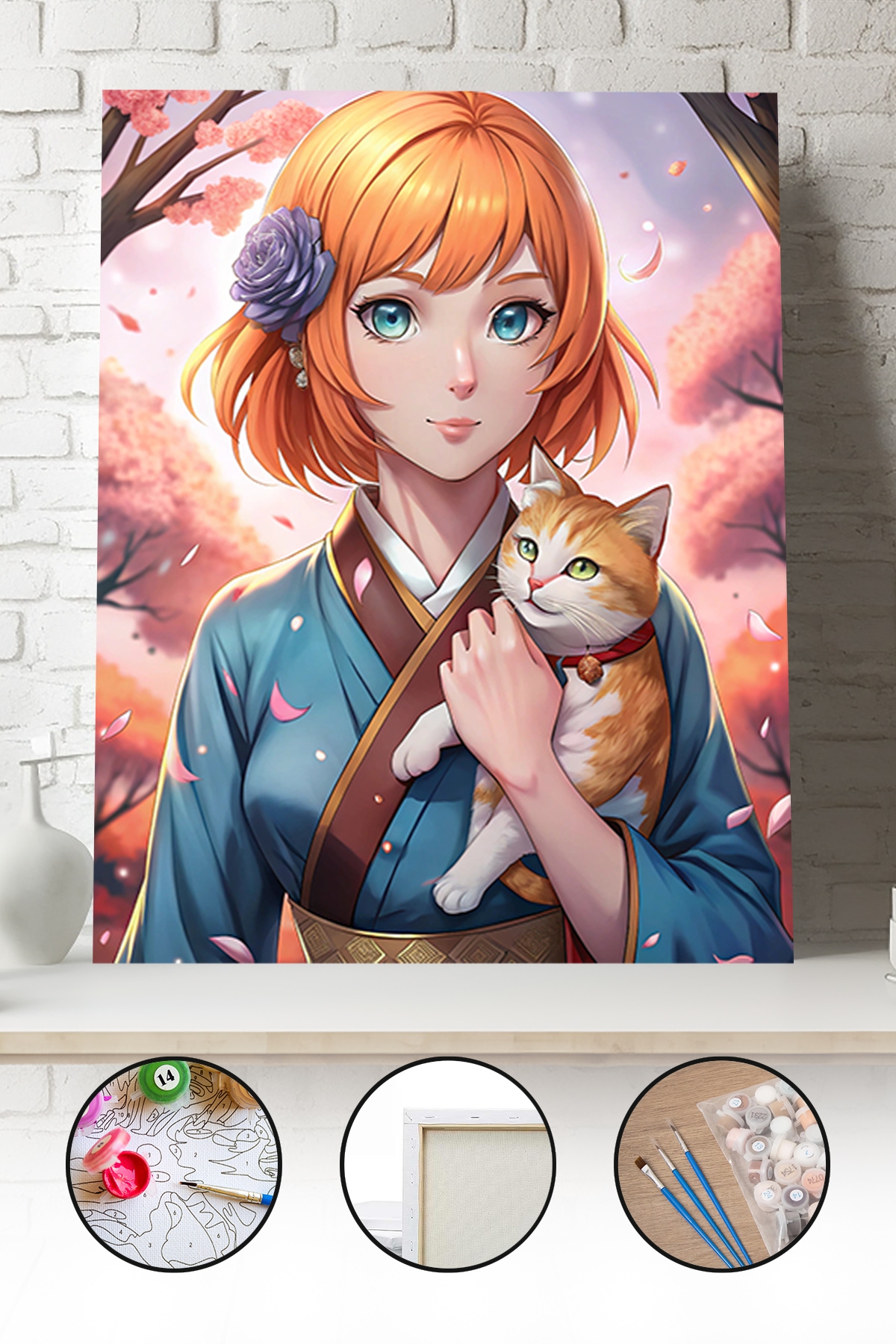 Sayılarla Boyama Seti 40x50 - 50x65 cm Sakura Anime Kızı – Tuval Hobi Boyama Tablosu