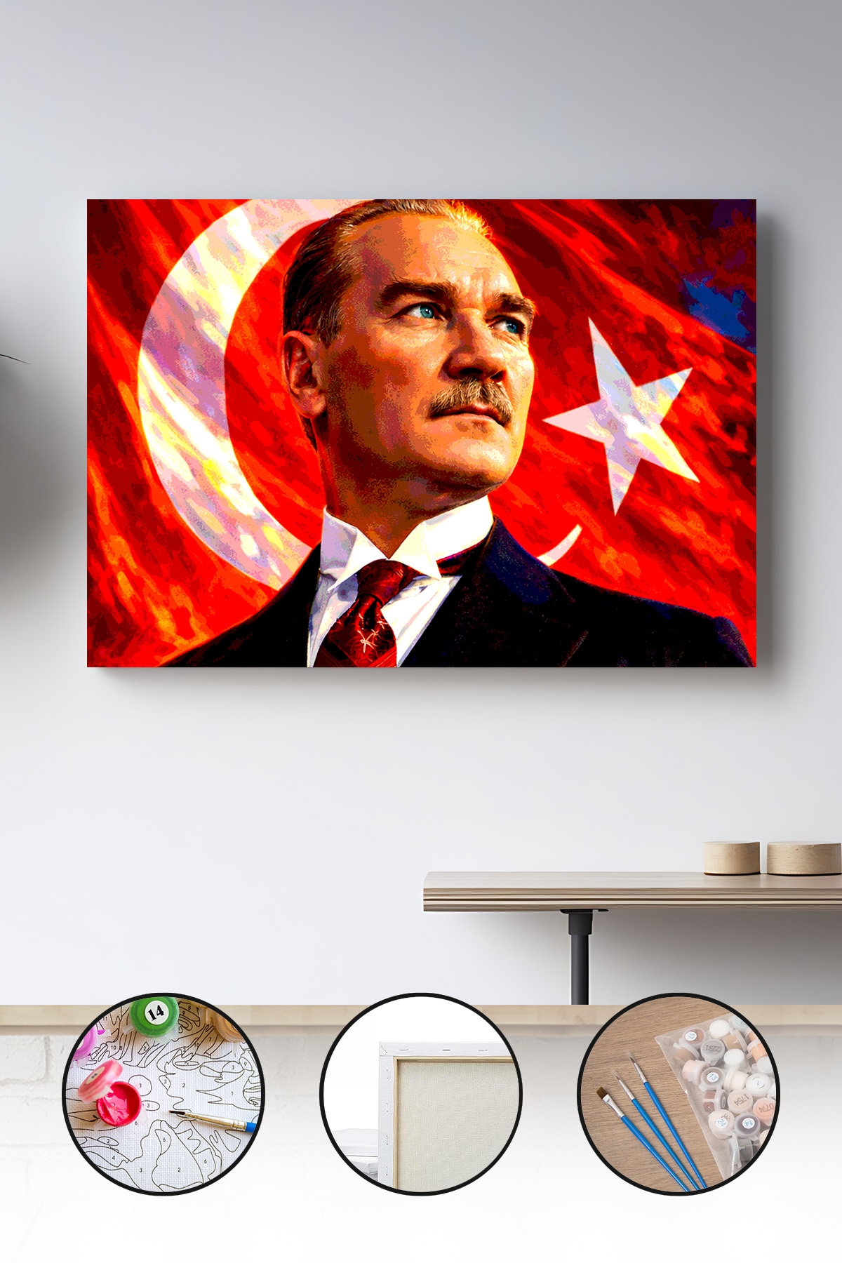Sayılarla Boyama Seti 40x50 - 50x65 cm Türk Bayrağı ve Atatürk – Tuval Hobi Boyama Tablosu