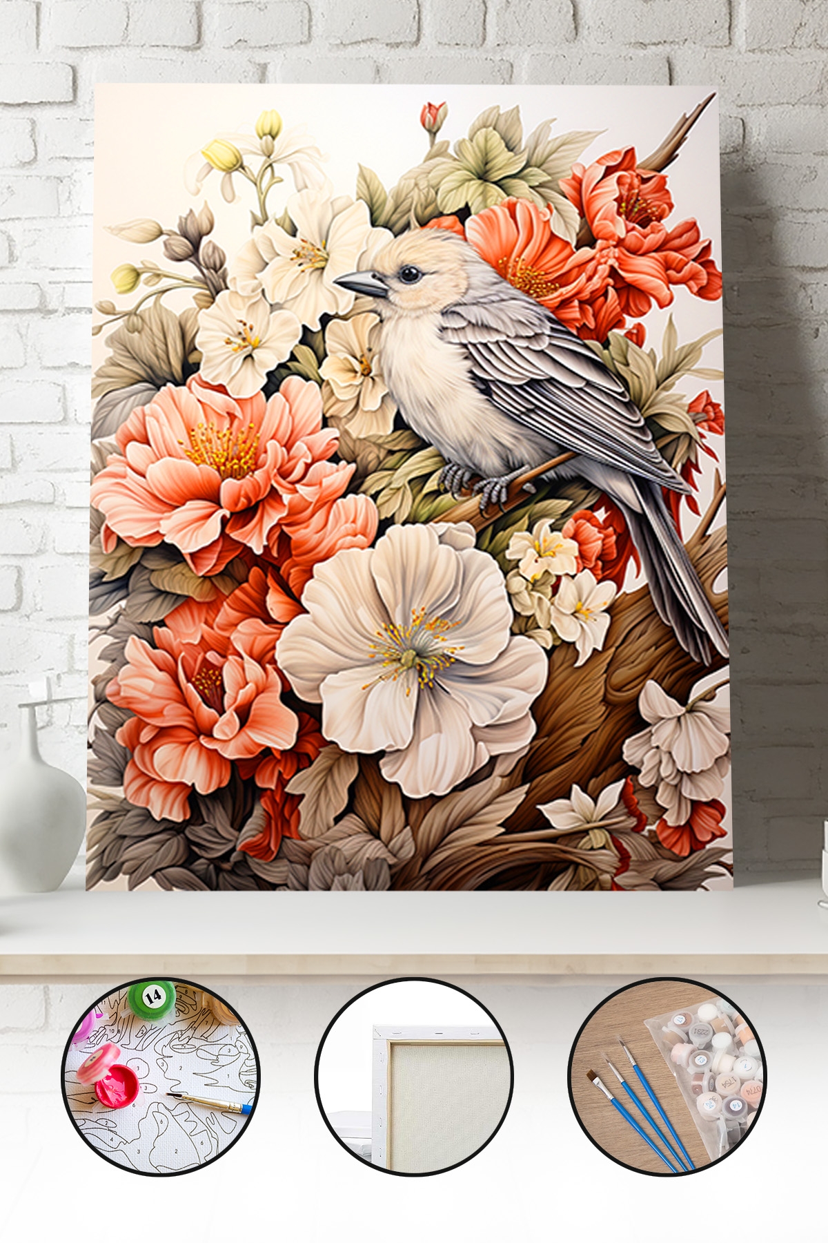Sayılarla Boyama Seti 40x50 - 50x65 cm Tuval Hobi Boyama Tablosu - Çiçek Bahçesindeki Kuş