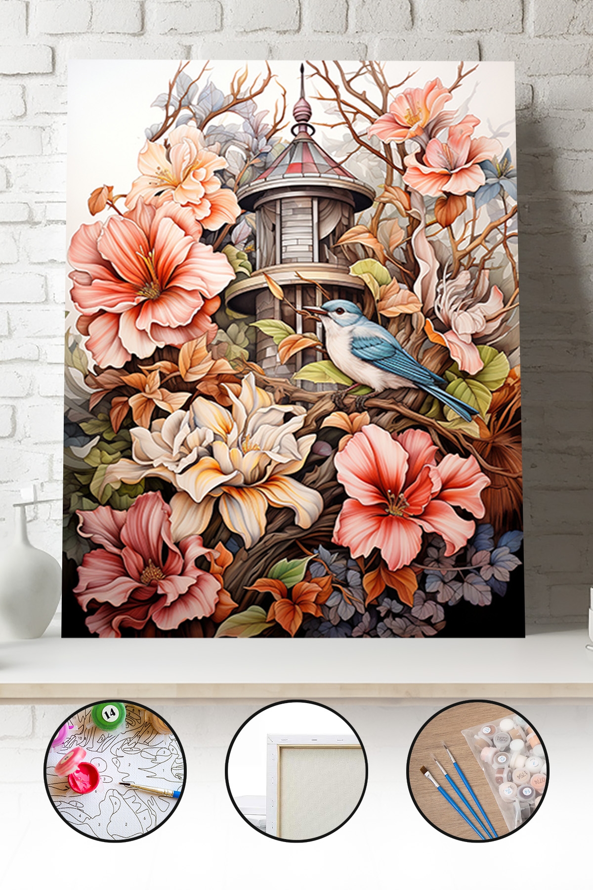 Sayılarla Boyama Seti 40x50 - 50x65 cm Tuval Hobi Boyama Tablosu - Çiçekler ve Mavi Kuş