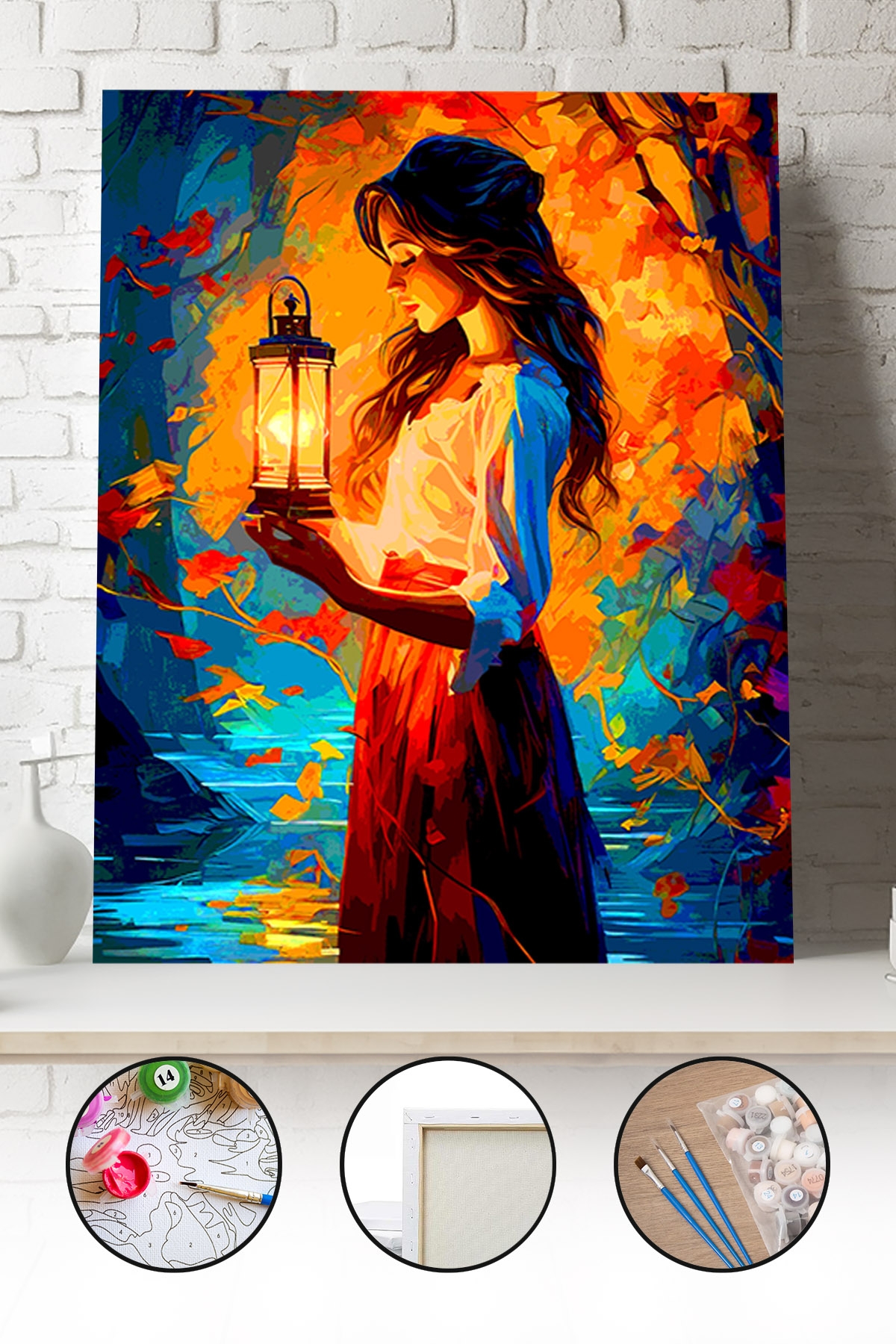 Sayılarla Boyama Seti 40x50 - 50x65 cm Tuval Hobi Boyama Tablosu - Fener Tutan Kadın