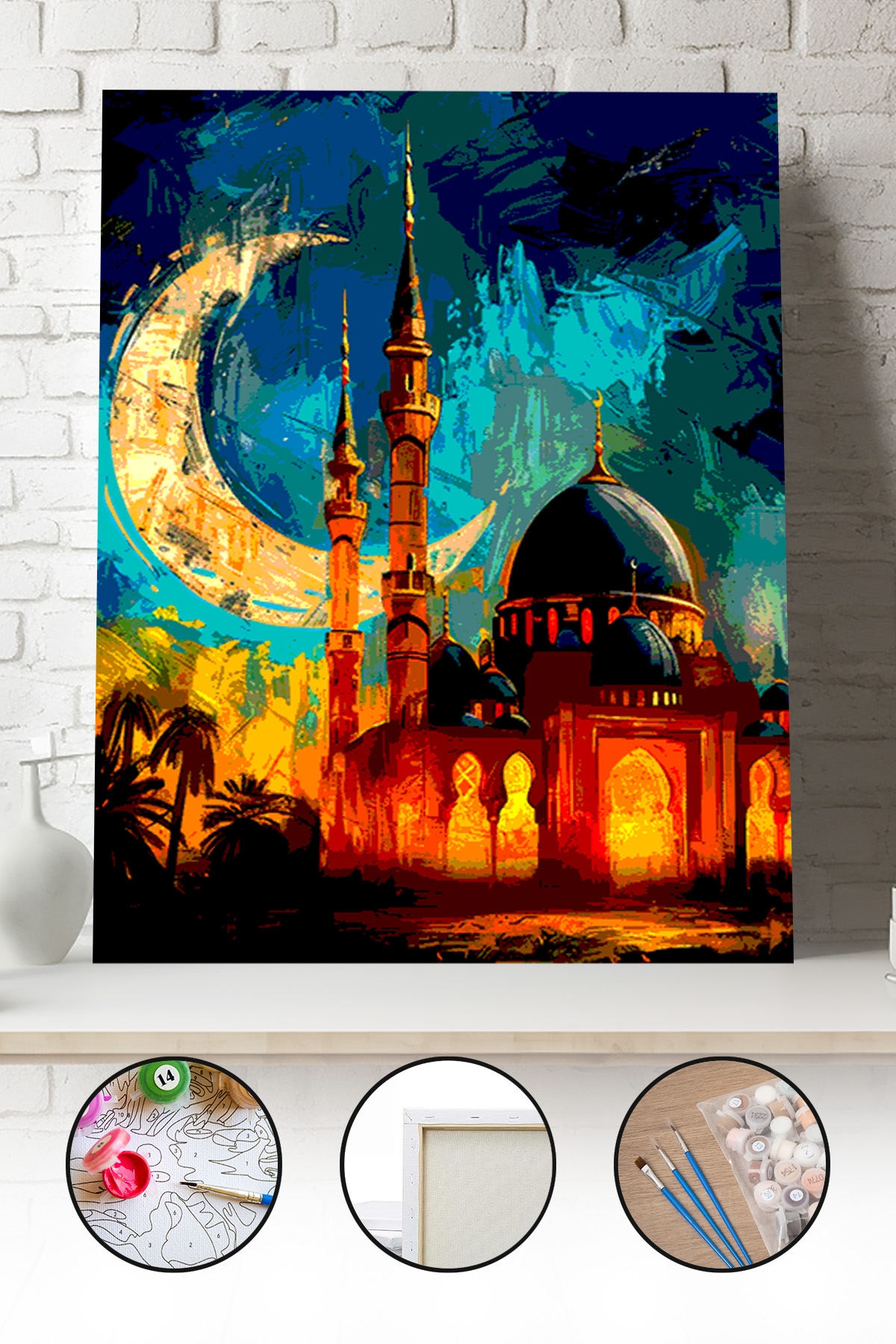 Sayılarla Boyama Seti 40x50 - 50x65 cm Tuval Hobi Boyama Tablosu - Hilal ve Camii