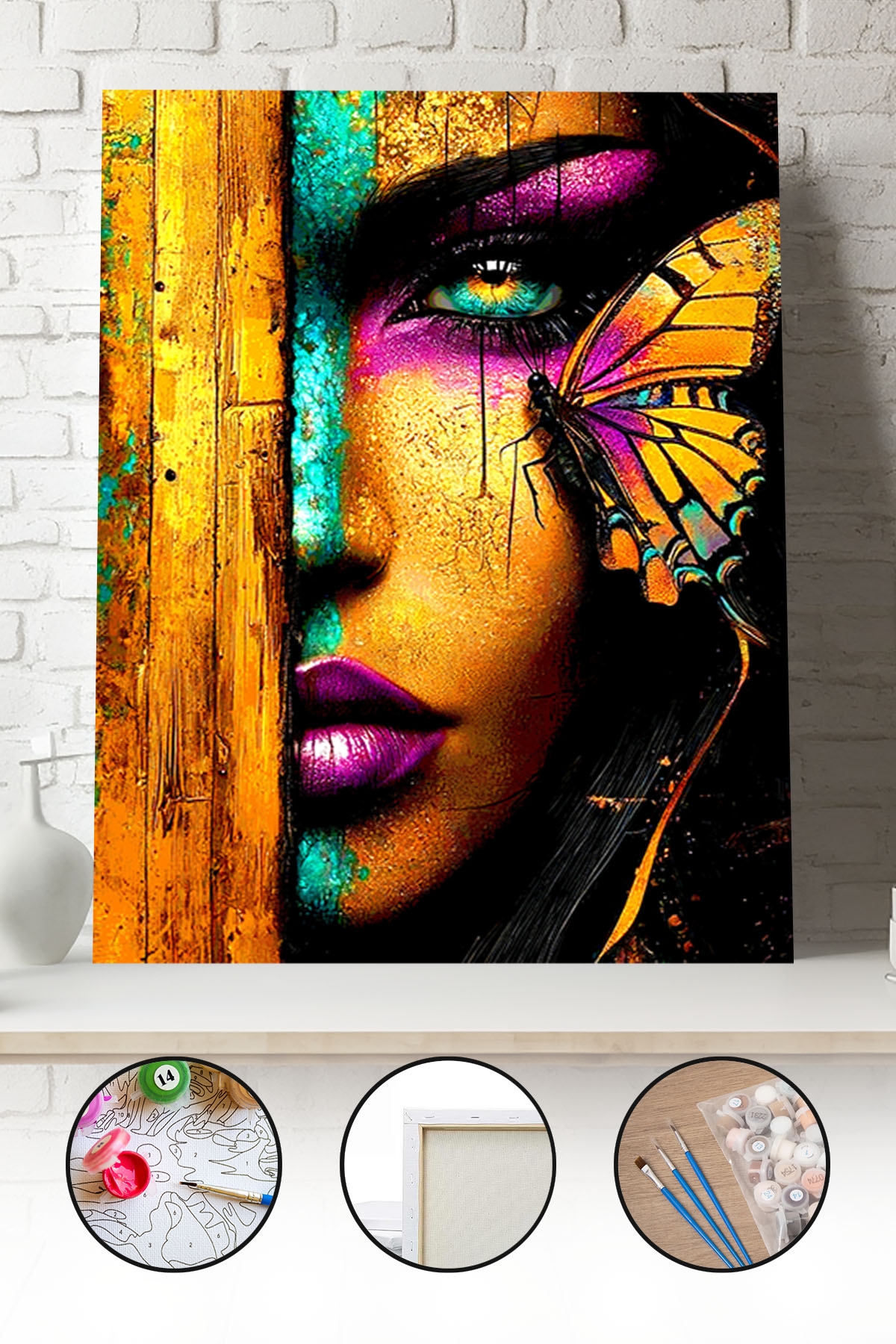 Sayılarla Boyama Seti 40x50 - 50x65 cm Tuval Hobi Boyama Tablosu - Kelebekli Kadın