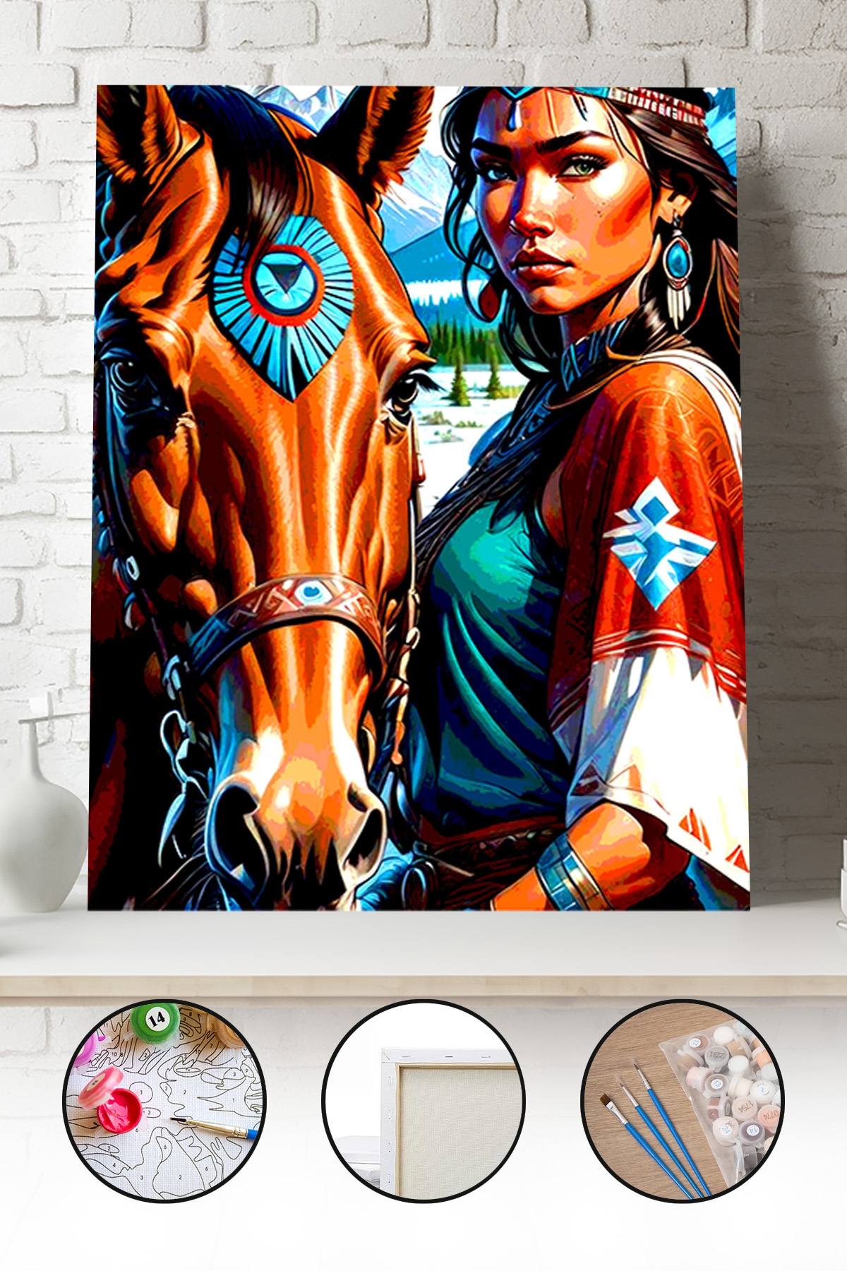 Sayılarla Boyama Seti 40x50 - 50x65 cm Tuval Hobi Boyama Tablosu - Kızılderili Kadın