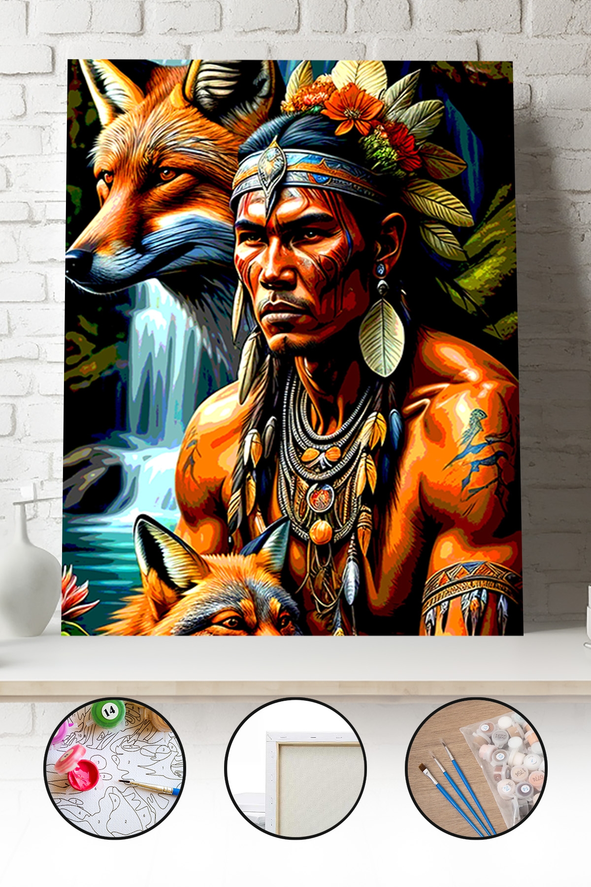 Sayılarla Boyama Seti 40x50 - 50x65 cm Tuval Hobi Boyama Tablosu - Kızılderili Savaşçı Kadın