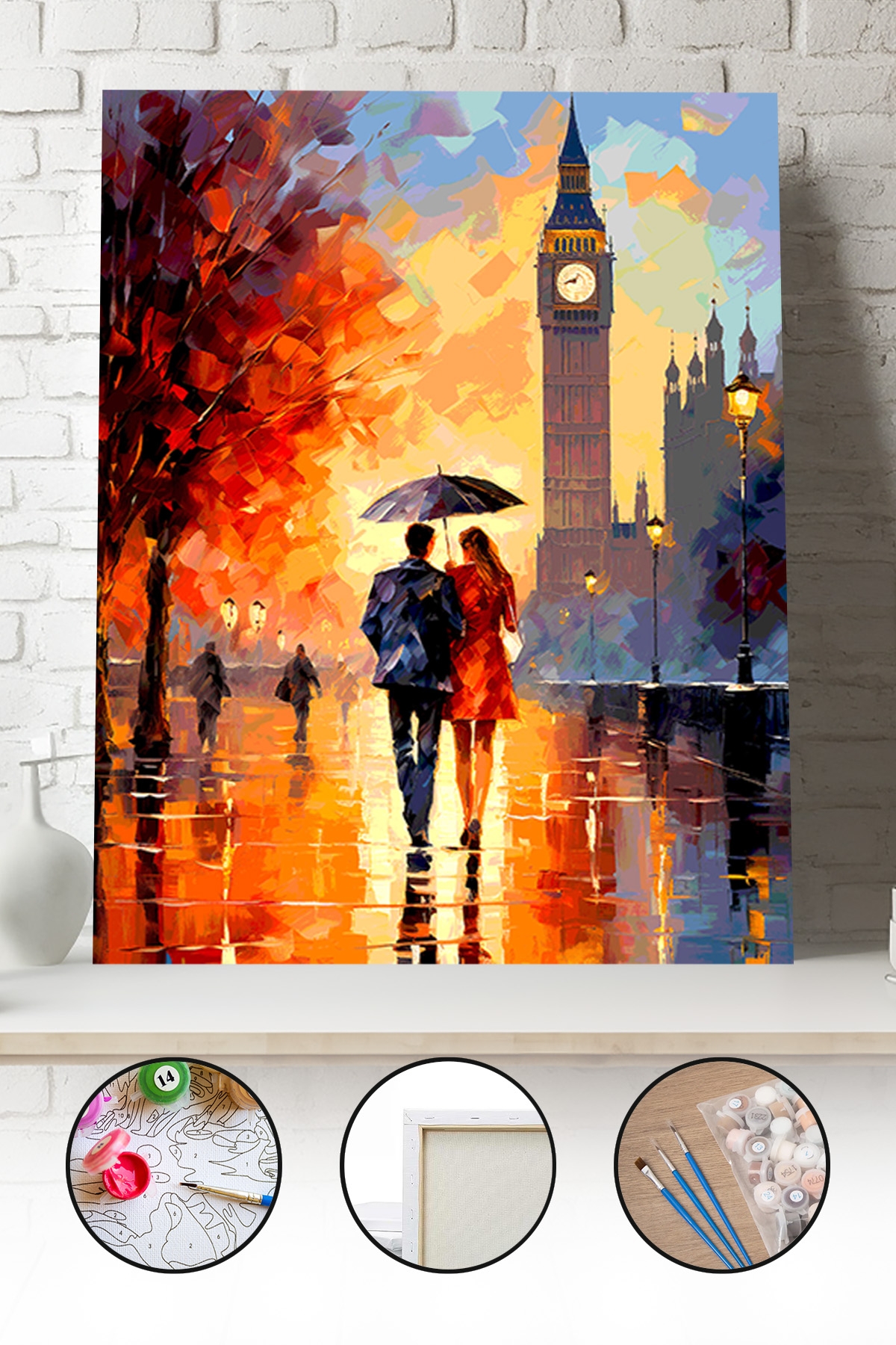 Sayılarla Boyama Seti 40x50 - 50x65 cm Tuval Hobi Boyama Tablosu - Londra Sokaklarında Aşıklar