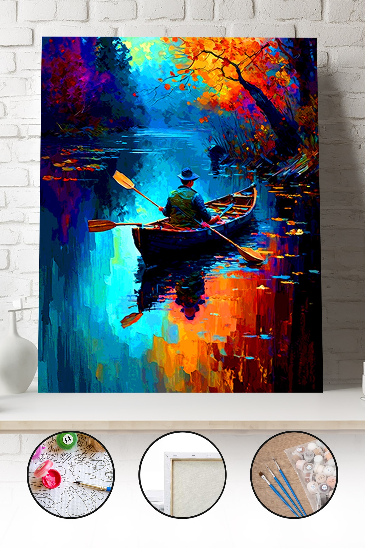 Sayılarla Boyama Seti 40x50 - 50x65 cm Tuval Hobi Boyama Tablosu - Nehirde Ev Manzarası