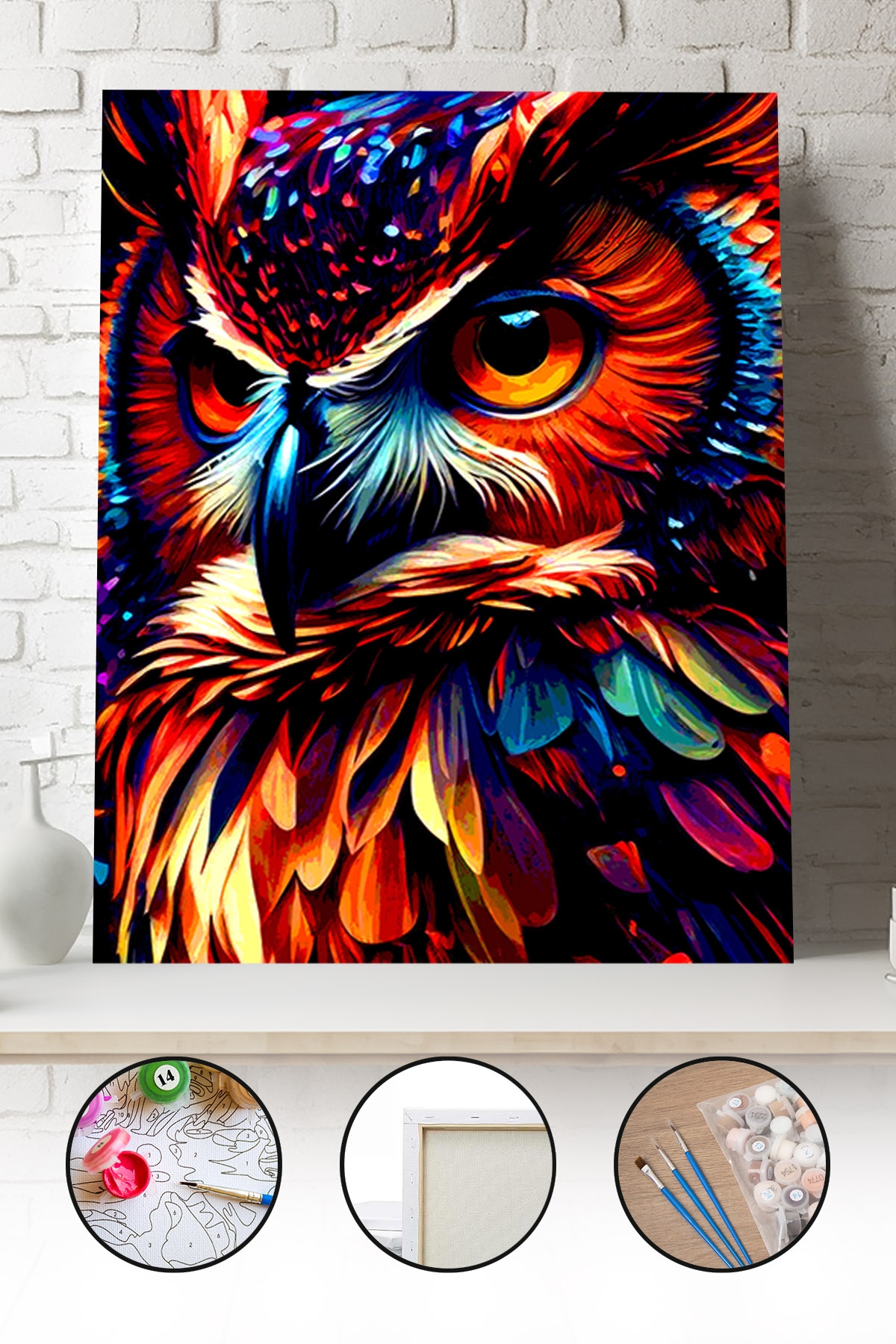 Sayılarla Boyama Seti 40x50 - 50x65 cm Tuval Hobi Boyama Tablosu - Renkli Baykuş 02