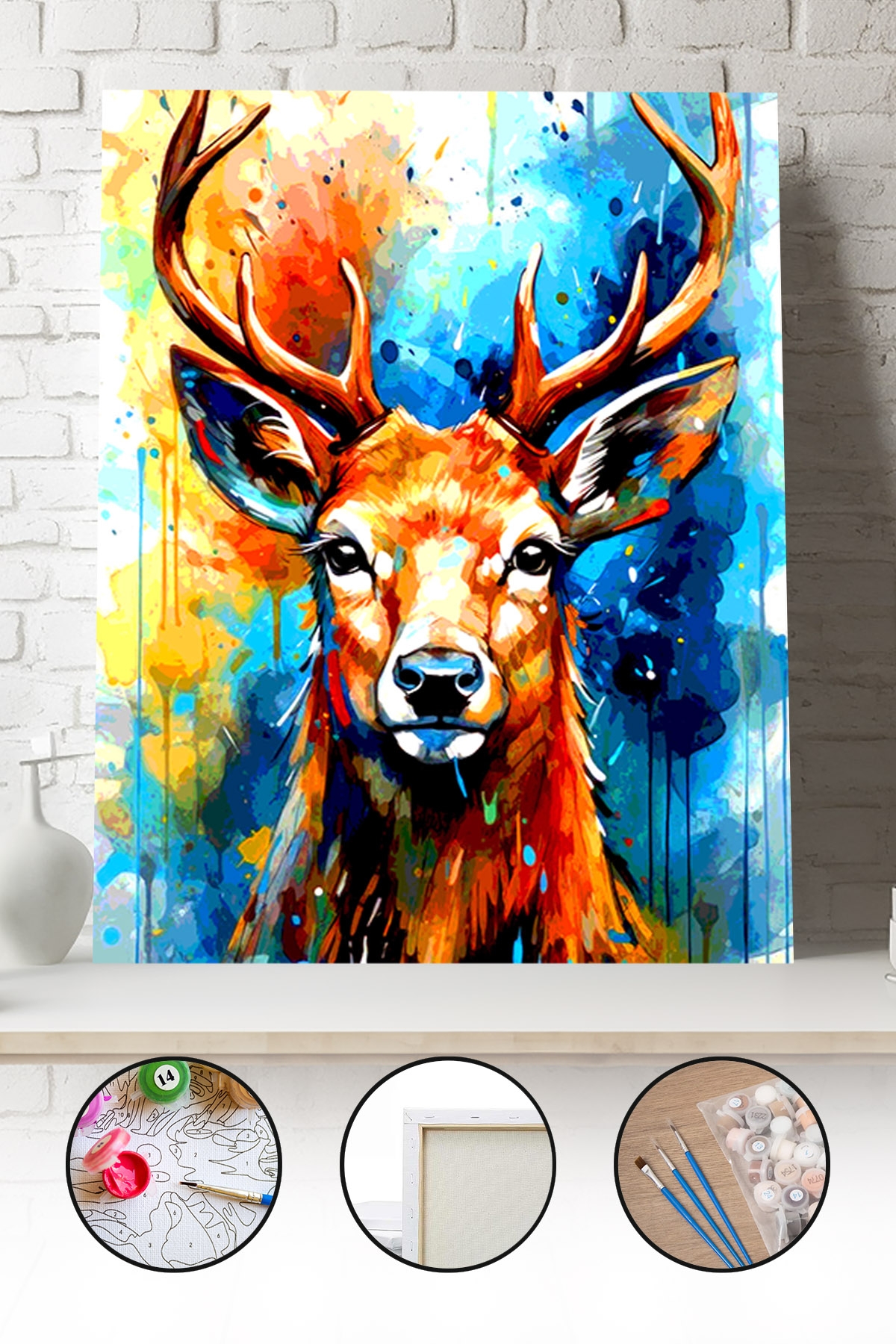 Sayılarla Boyama Seti 40x50 - 50x65 cm Tuval Hobi Boyama Tablosu - Renkli Geyik