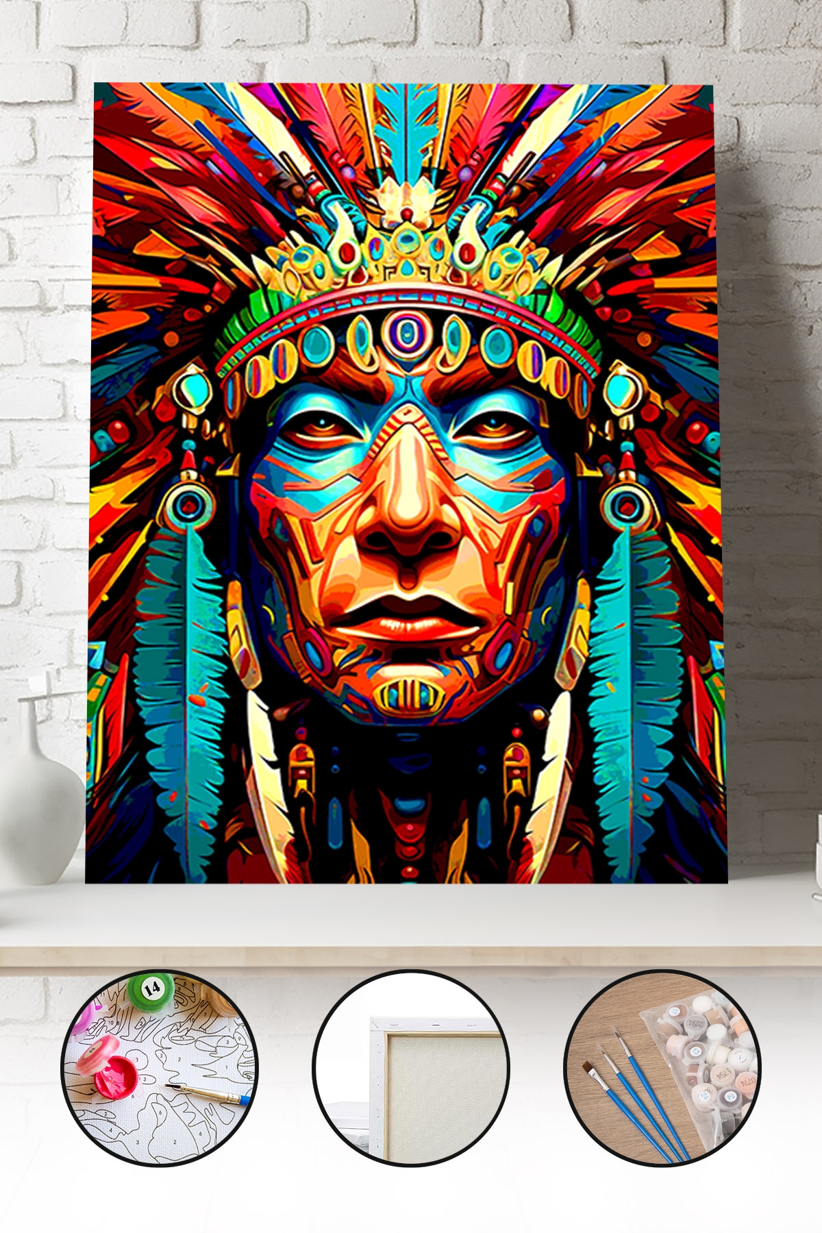 Sayılarla Boyama Seti 40x50 - 50x65 cm Tuval Hobi Boyama Tablosu - Renkli Kızılderili Şef